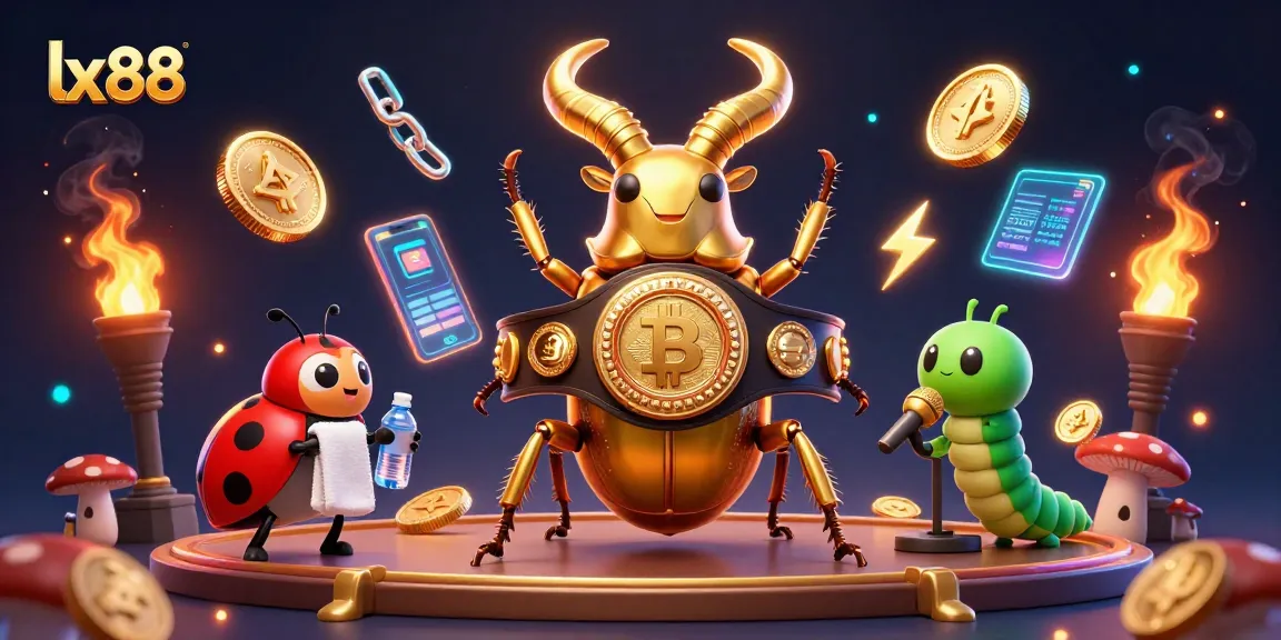 Place bets at lx88, a vibrant casino scene with crypto elements and a boxing match theme.