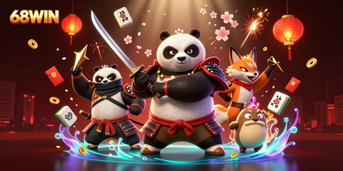 Engage in thrilling adventures with 68WIN as samurai panda battles for rewards amid glowing casino elements.