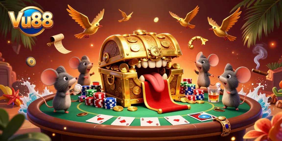 Engage with Vu88's exciting casino adventure featuring vibrant characters and dynamic poker elements.