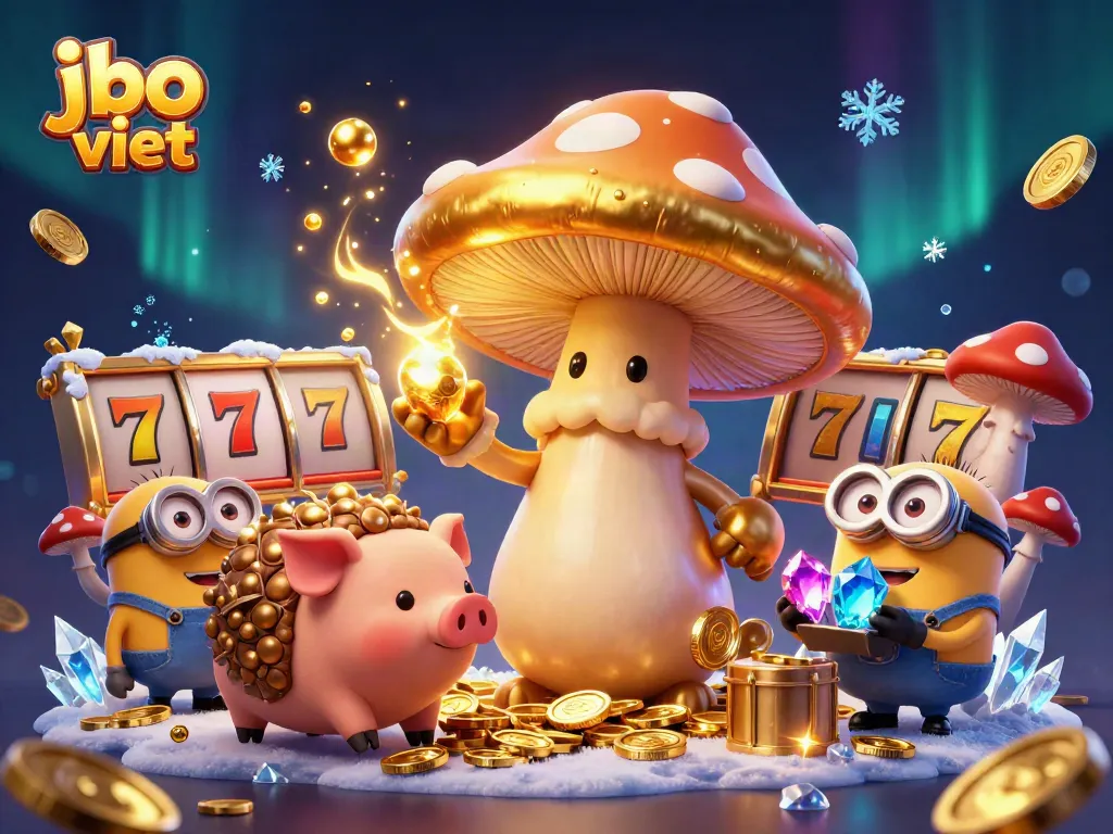 Experience the thrill of jbo viet as magical characters interact amid vibrant jackpot slots and golden coins.