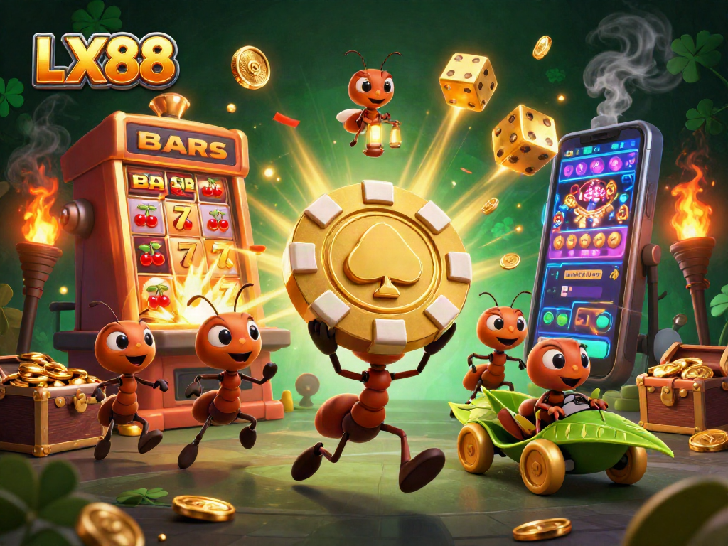 Catch the action with LX88, where a team of ants carries a giant poker chip in a vibrant casino scene.