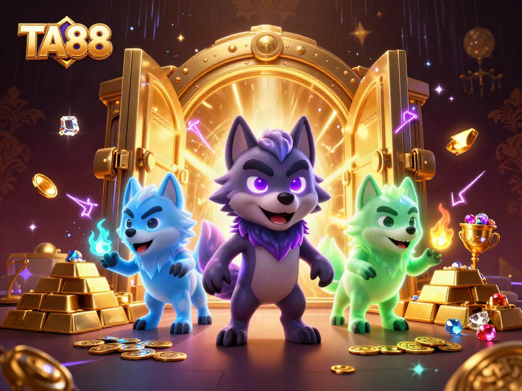 Experience TA88 with festive ghostly wolves and treasure in this vibrant casino illustration.