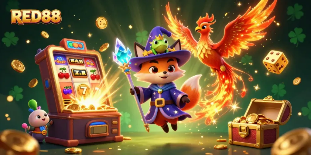 Experience thrilling wins at RED88's casino, showcasing a wizard fox, phoenix, and explosive slot machine.