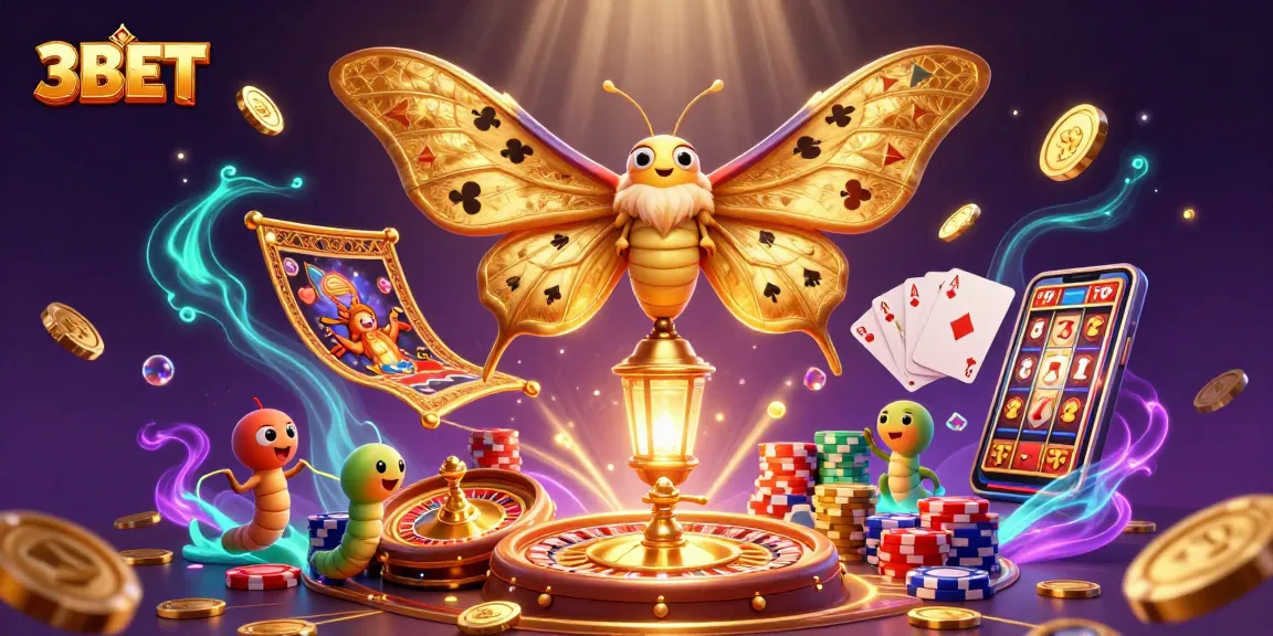 Experience 3BET's vibrant casino adventure with enchanting moth and dynamic game elements.