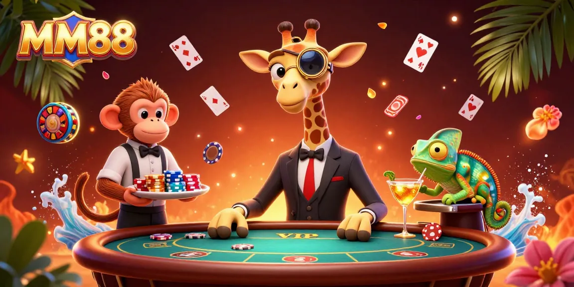 Engage with the exciting MM88 casino, featuring a giraffe dealer, vibrant poker elements, and rich details.