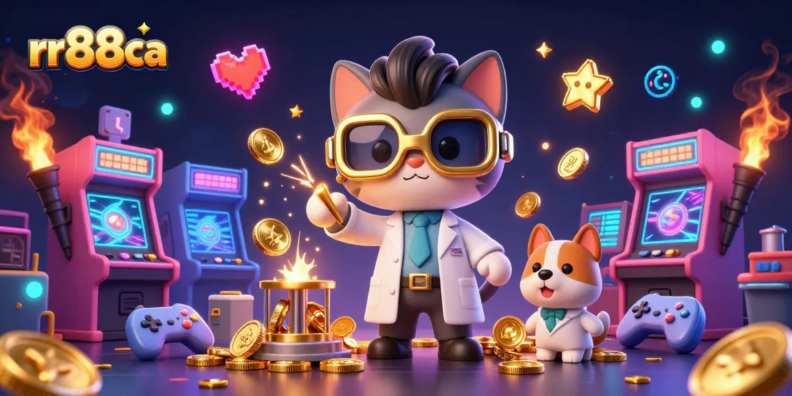 Experience thrilling gaming action with rr88ca's vibrant 3D illustration featuring a mad scientist cat and assistant.