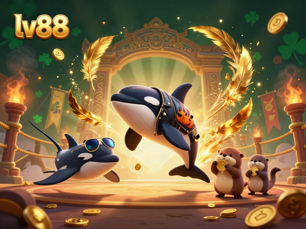 lv88 themed illustration with a jumping orca, stingray, and sea otters, all surrounded by casino elements.