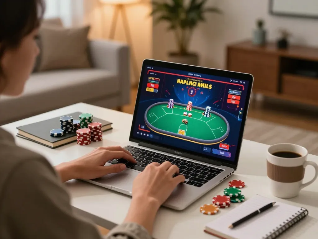 Person enjoying an engaging online poker game with rokok88, vibrant chips and strategy notes visible.
