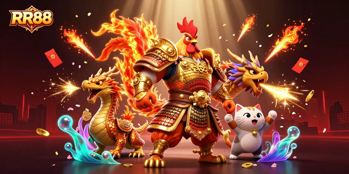 Join the excitement at RR88, where a cockfighting warrior and dragon hatchling celebrate with meritable rewards.