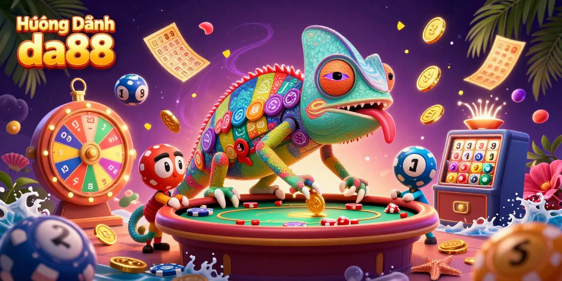 Experience the excitement of gambling with Hướng Dẫn da88, featuring vibrant casino elements and a dynamic chameleon character.
