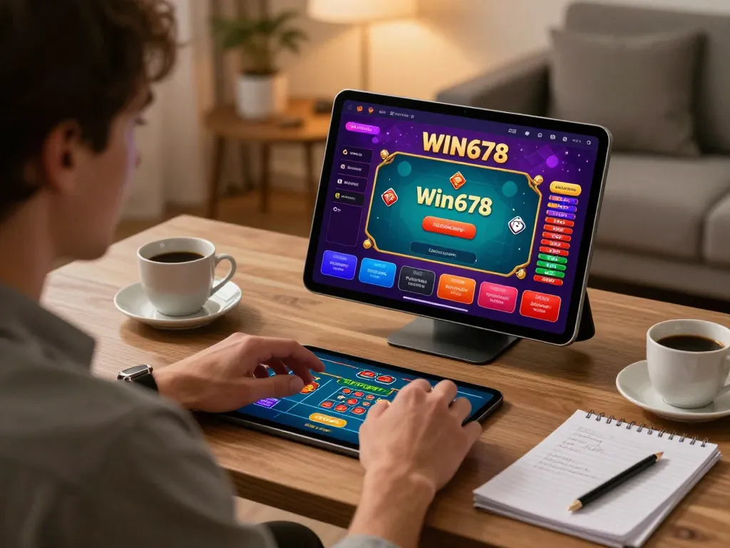 Player enjoying win678 online casino games on a tablet in a cozy home office setting.