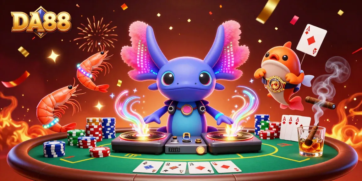Experience the vibrant DA88 casino world with animated axolotl DJ and colorful poker action.