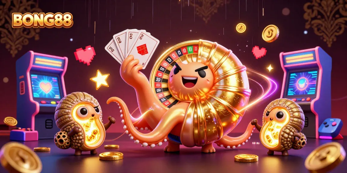 BONG88 players enjoy vibrant casino games with a giant nautilus and glowing companions.