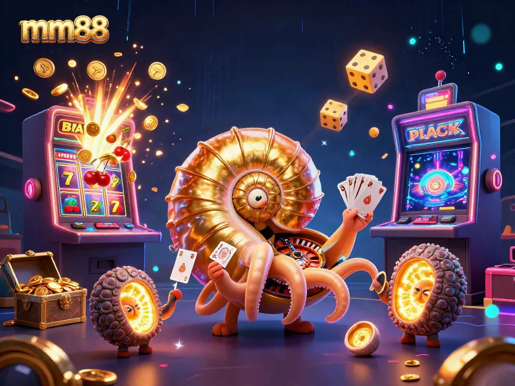 Engage in casino adventures with mm88's vibrant 3D illustration featuring a giant nautilus roulette wheel.