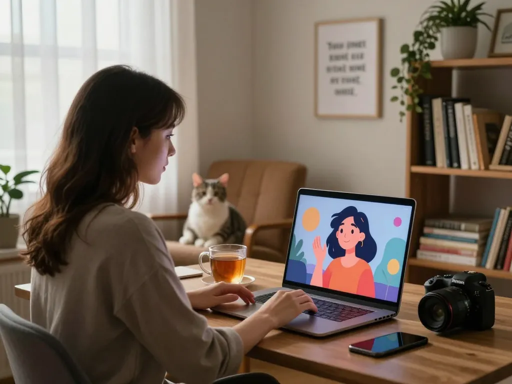 Engaging scene of a young woman interacting with her AI girlfriend, cozy home office vibe.