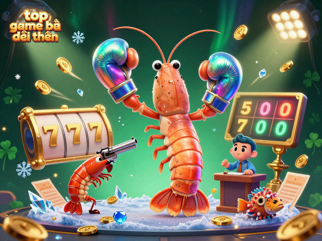 Engaging illustration of top game bài đổi thưởng featuring dynamic cartoon shrimp in a playful casino scene.