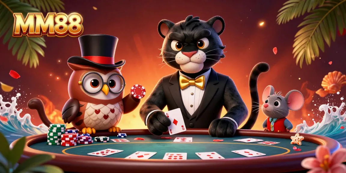 Play cards with MM88 while enjoying a vibrant 3D casino experience in this immersive illustration.
