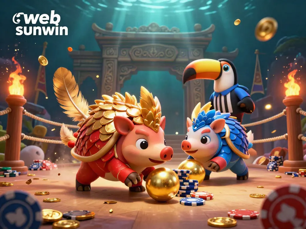 Experience gaming with web sunwin as rival pangolins roll golden balls through poker chips, surrounded by dynamic casino elements.