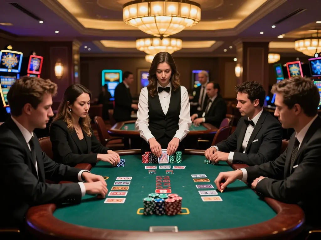 Players engaged in a high-stakes hitclub blackjack game with focused expressions and colorful chips.