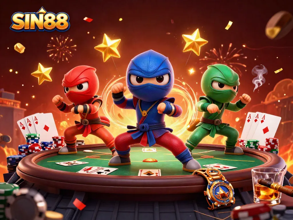 SIN88 engages players with dynamic poker action in a vibrant casino atmosphere featuring ninja chameleons.