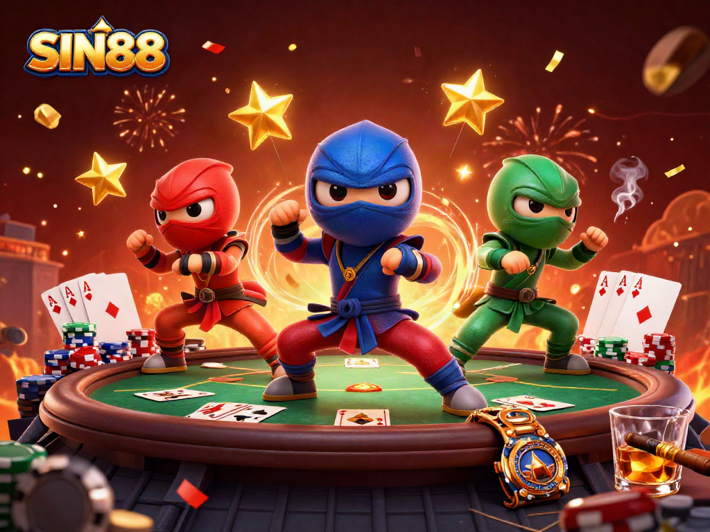 SIN88 engages players with dynamic poker action in a vibrant casino atmosphere featuring ninja chameleons.