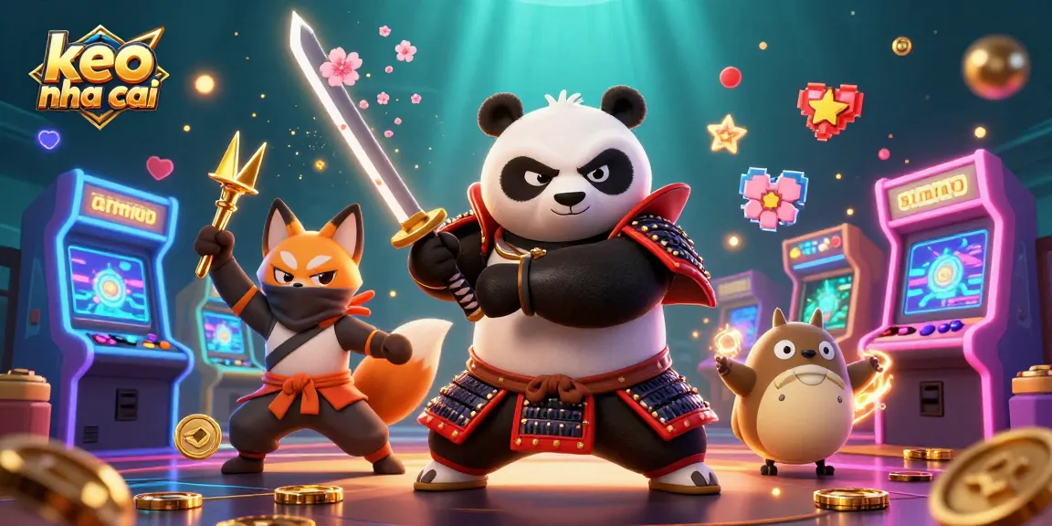 Betting on keo nha cai with dynamic action from a panda samurai and ninja fox in a vibrant casino scene.