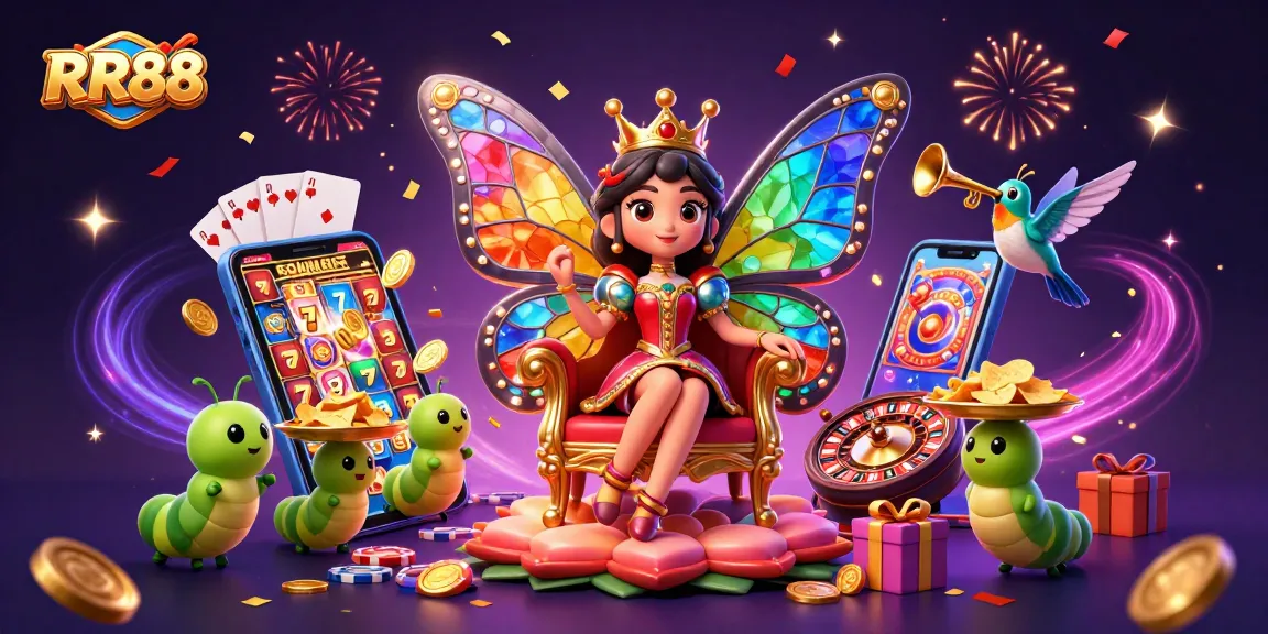 Engage with RR88’s vibrant 3D illustration showcasing dynamic casino elements amidst a fantasy theme, highlighting immersive gaming.