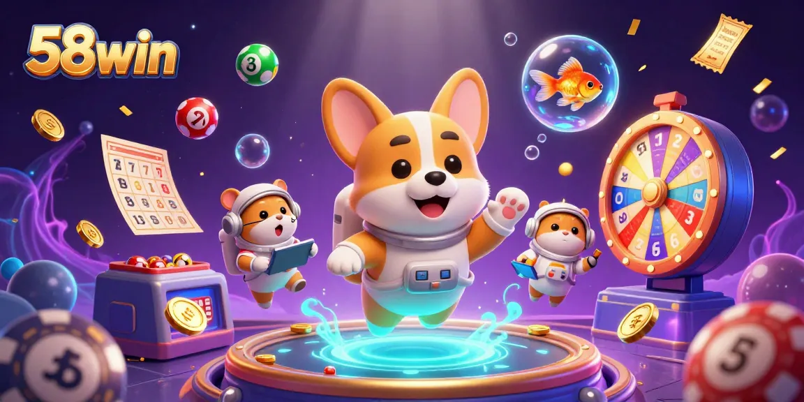 Win big with 58win in this vibrant casino-themed scene featuring playful elements and characters.