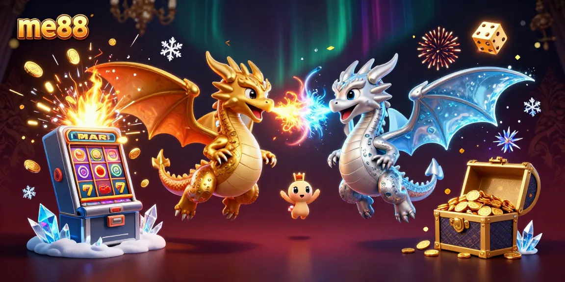 me88 casino illustration featuring golden and silver dragons amidst slot machines and casino elements