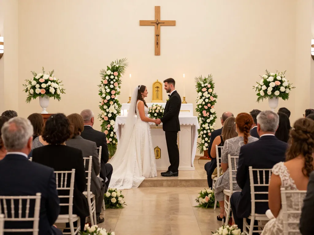 rokok88 showcases a beautiful wedding ceremony in a sacred indoor venue with floral decorations and joyful couple