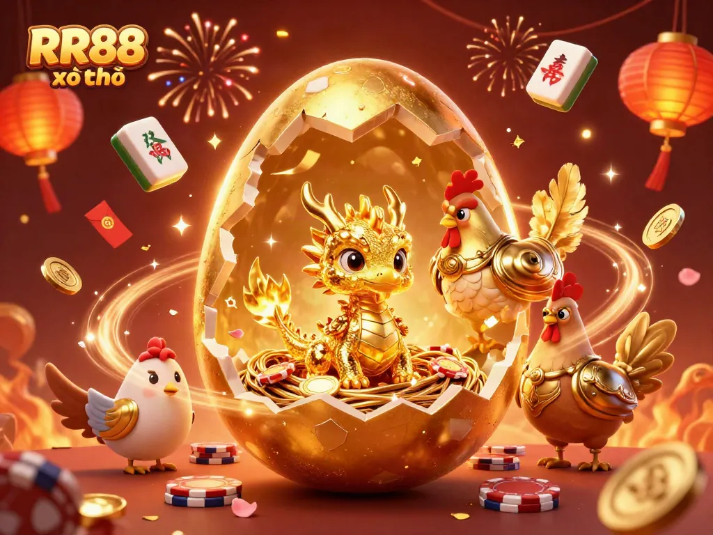 Play RR88 xổ số for a chance to win big, featuring a golden dragon and festive game elements.