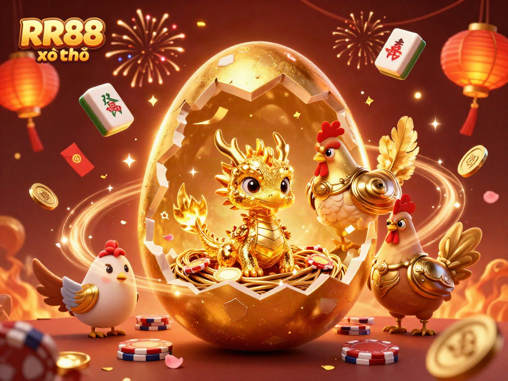 Play RR88 xổ số for a chance to win big, featuring a golden dragon and festive game elements.