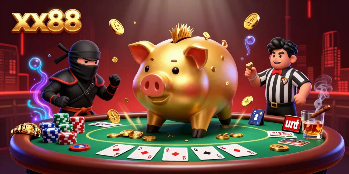 Engaging xx88 scene of a sumo wrestler piggy bank and ninja in a vibrant casino setting.