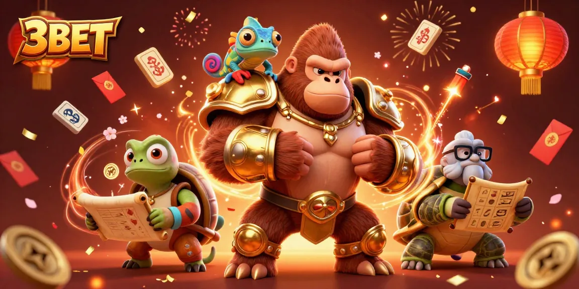 3BET showcases powerful king gorilla in golden armor amidst vibrant casino elements.