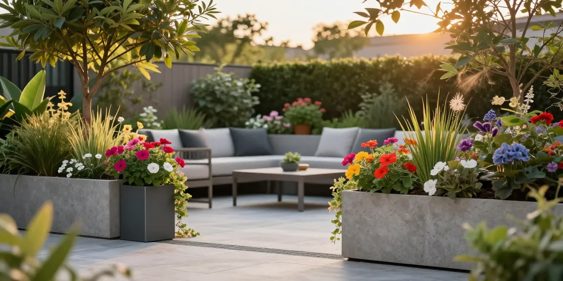 Contemporary garden planters enhance a modern patio with lush greenery and vibrant flowers.