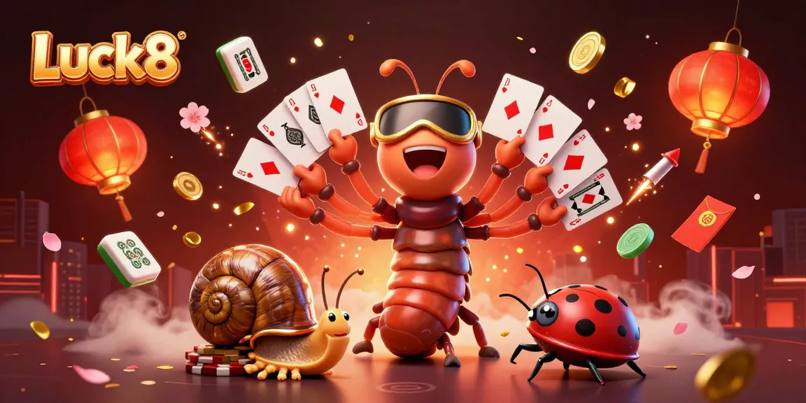 Luck8 casino dealer showcasing cards while celebrating with characters and vibrant game elements in a rich scene.