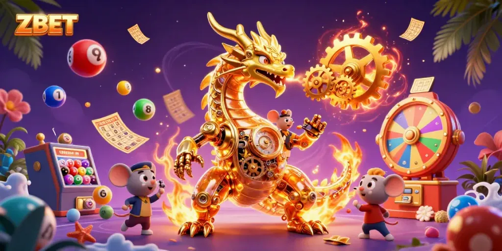 ZBET showcases a vibrant scene with a golden dragon and colorful lottery elements for online gaming