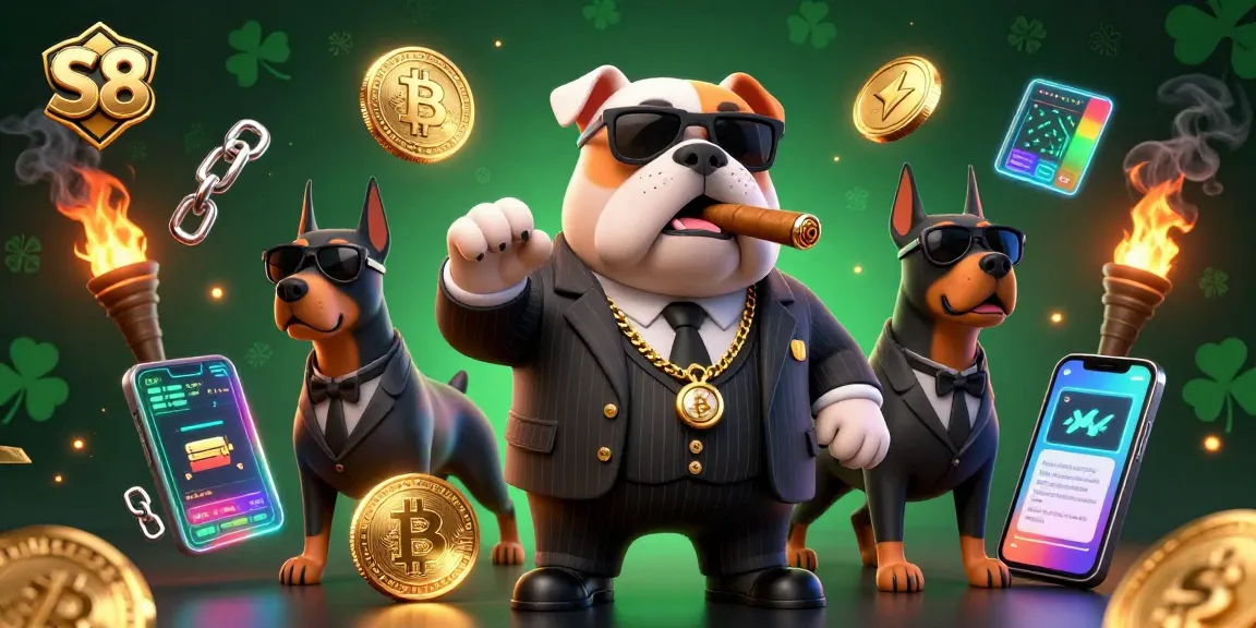 S8 highlights vibrant casino action featuring crypto boss and guards amidst glowing digital elements.