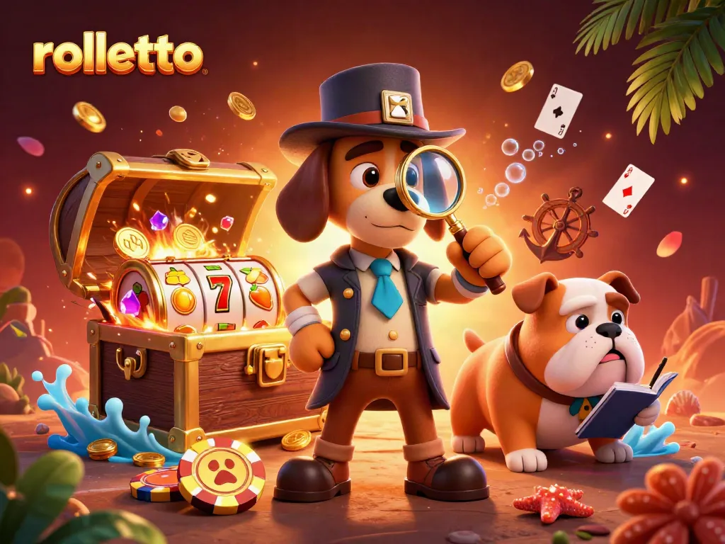 Play at rolletto Casino with a detective and dog exploring poker chip clues amidst vibrant gaming elements.