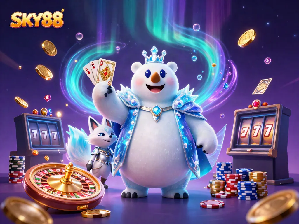 Experience dynamic gaming excitement with SKY88’s immersive 3D illustration showcasing casino elements.