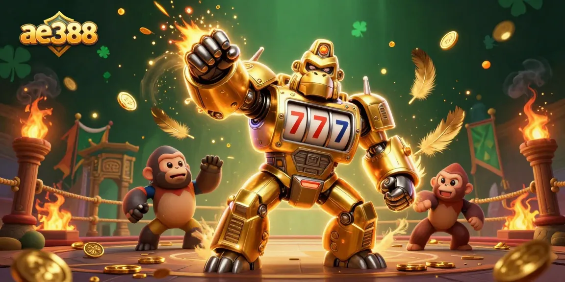 Experience epic wins at ae388 with a golden gorilla mech in a dynamic casino scene.
