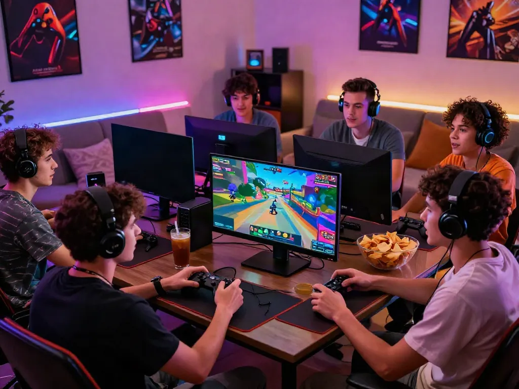 Friends enjoying multiplayer gaming together while chatting about GO88 strategies and having snacks in a cozy room.