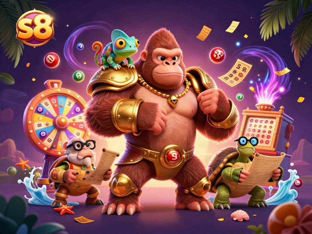 Engaging s8 illustration of a gorilla king, chameleon spy, and tortoise elder centered in a dynamic casino scene.