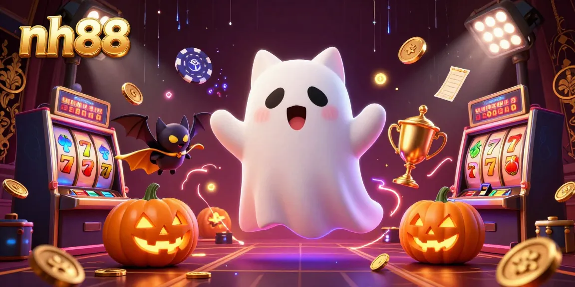 Experience the thrill of NH88's haunted casino with a ghost cat and vampire bat, amidst glowing slot reels.