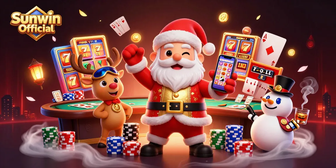 Spin to win at Sunwin Official; Santa celebrates winning in a vibrant casino scene.