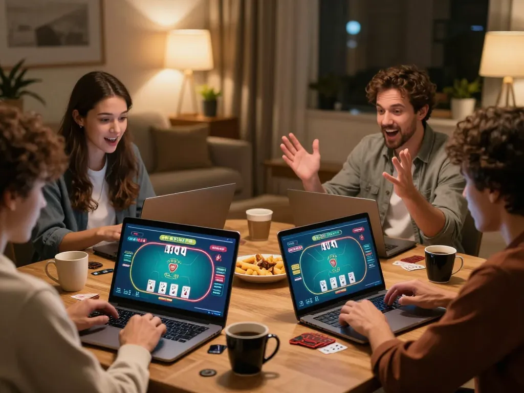 Players enjoying online poker at home with jun88 interface, showcasing strategic gameplay action