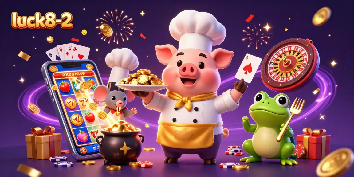 Experience thrill with luck8-2 as a pig chef serves gold coins amidst slot games and casino elements.