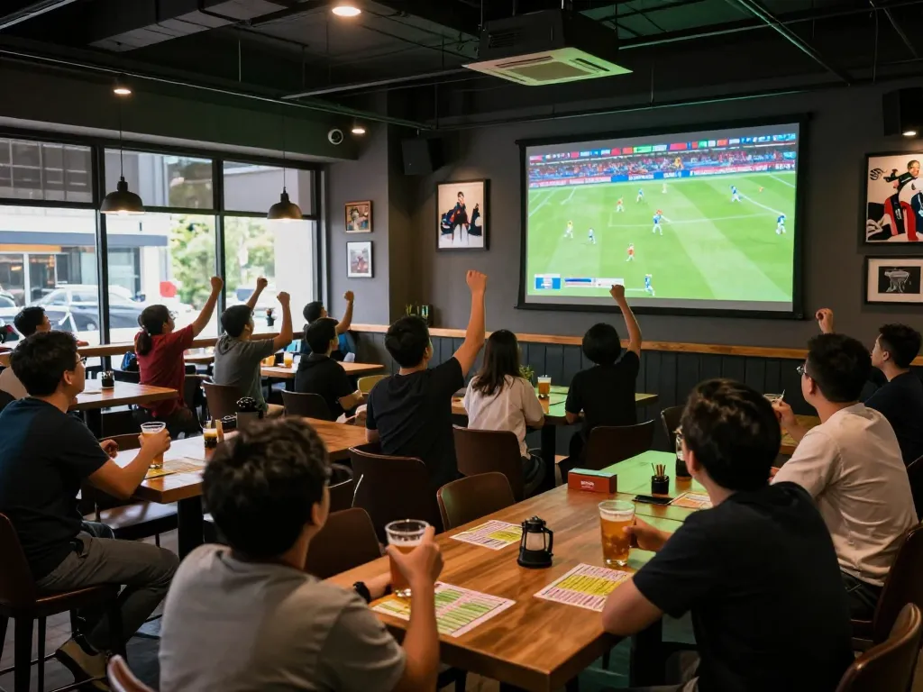 Exciting scene of fans cheering while watching trực tiếp đá bóng at a lively sports bar with vibrant atmosphere