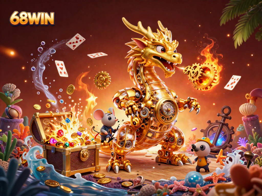 Experience thrilling gameplay with 68WIN's immersive golden dragon illustration in a vibrant casino setting.