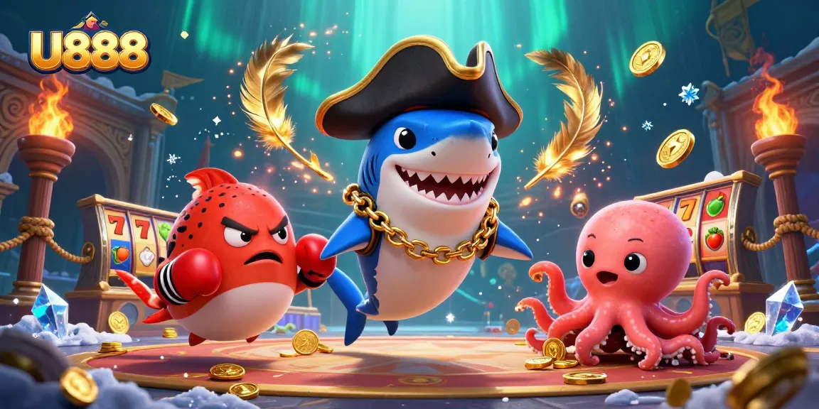 Engage in thrilling U888 slots with captivating characters in a vibrant underwater casino scene.